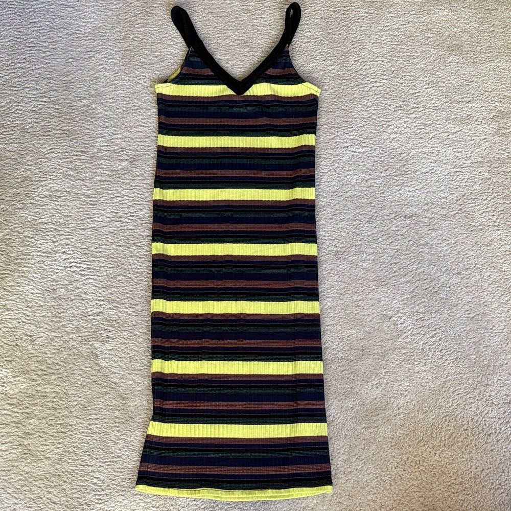 Splendid Striped Ribbed V-Neck Midi Dress in Yellow and Black